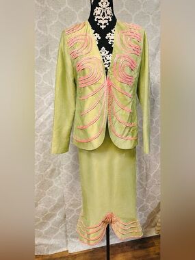 Flawless Tally Taylor Paris Rome Skirt suit Green Pink Soutache Mermaid Hem Sz 6